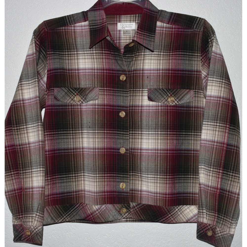 Christopher & Banks Small Plaid Button Down Shirt Shacket Burgundy Layering Cozy